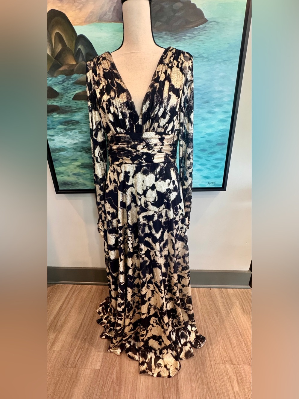 Betsy & Adam Navy and White Floral Wrap Long Sleeve Maxi Dress - Picture 3 of 10